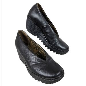 Fly London YAZ Leather Wedge Pump Black Size 38 Slip On Comfort